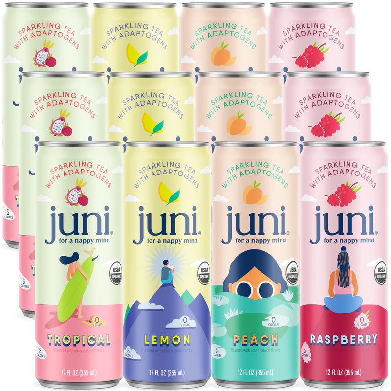 Juni Sparkling Adaptogen Drink with Ashwagandha, Lion’s Mane & Reishi Mushrooms | Green Tea for Focus, Zero Sugar, 5 Calories, Organic | Non Alcoholic Drinks - Variety Pack 12 pack - Image 1